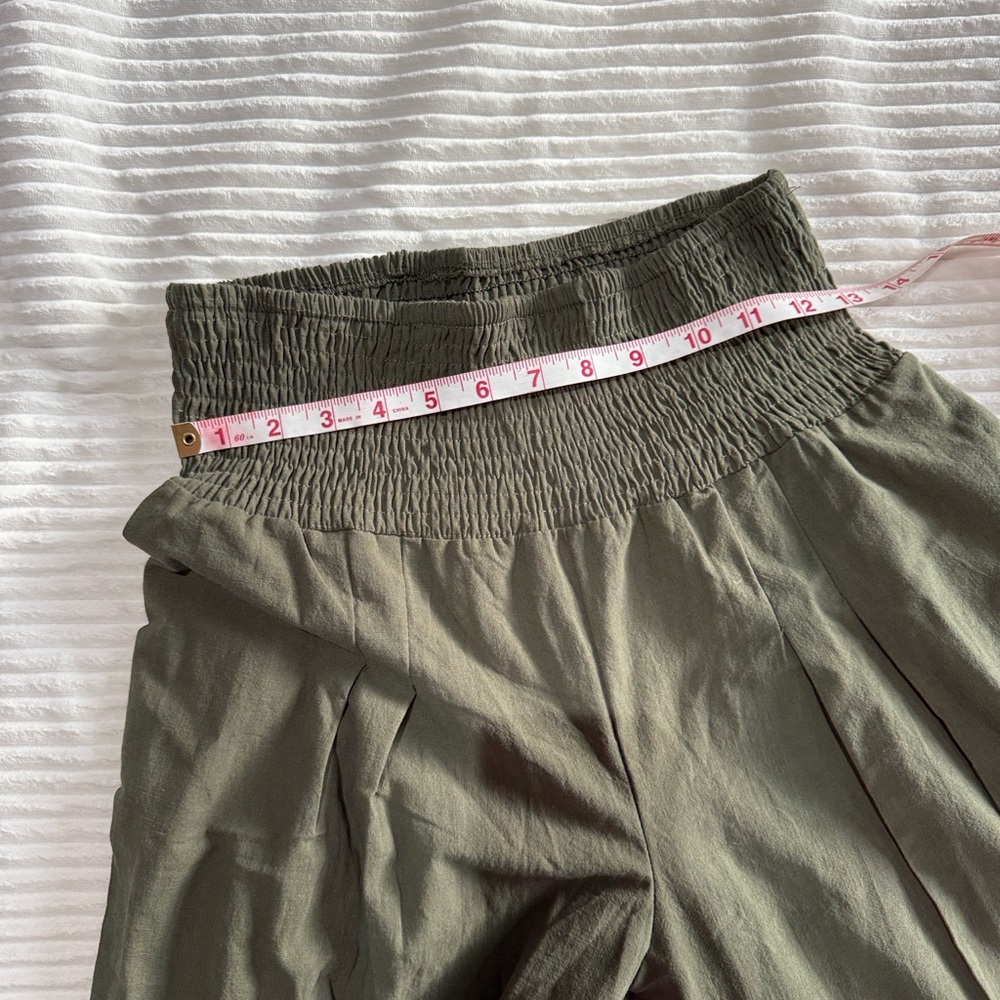 Women's Green Wide-Leg Pants Pull On Elastic Waistband Pockets Linen Polyester M - Picture 10 of 12